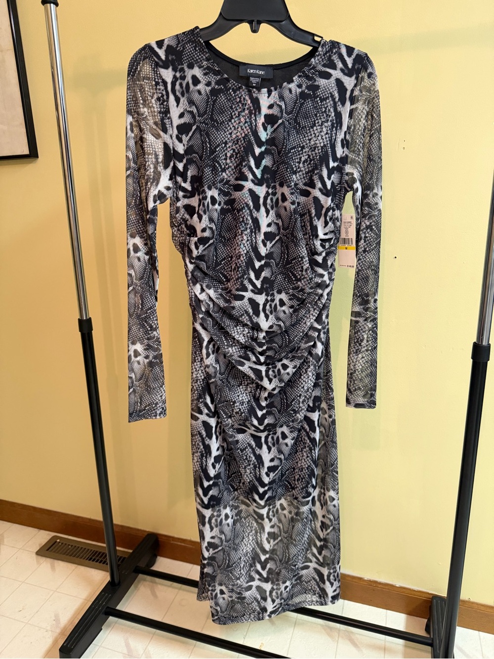 Karen Kane Black and White Animal-Print Long Sleeve Midi Dress